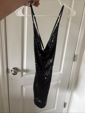 Black Sequin Mini Dress with Cowl Back